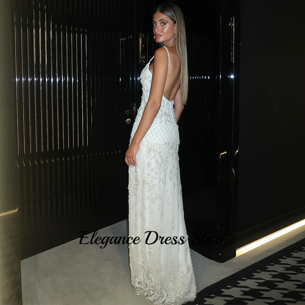 Biała Sukienka Wieczorowa z Koronką, Szyta na Miarę, Dekolt Okrągły, Cienkie Ramiączka, Sukienki na Powrót do Szkoły, Błyszczące Kryształowe Perły, Suknie na Przyjęcia