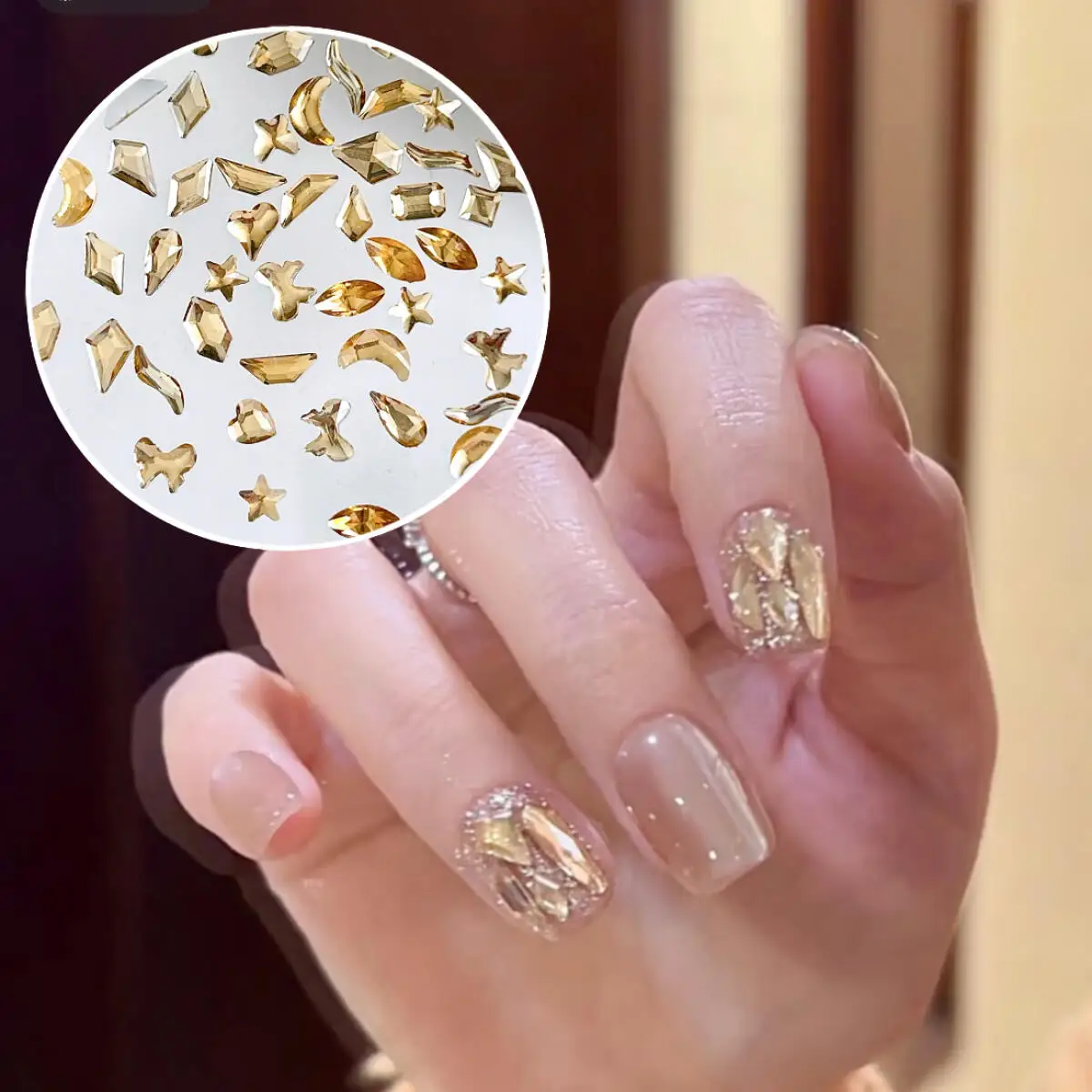 ثلاثية الأبعاد غير النظامية الشمبانيا اللون مسمار الراين السحر متعددة نمط قطرة صغيرة القمر فراشة مسمار الفن زينة DIY الأظافر