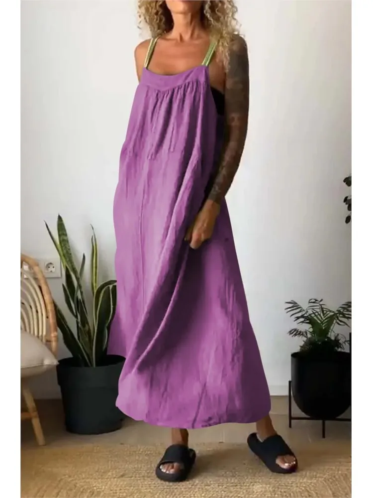 Vestido feminino solto sólido para suspensão de linho, vestido longo sem encosto, sem mangas, bolso boho maxi dress, primavera verão