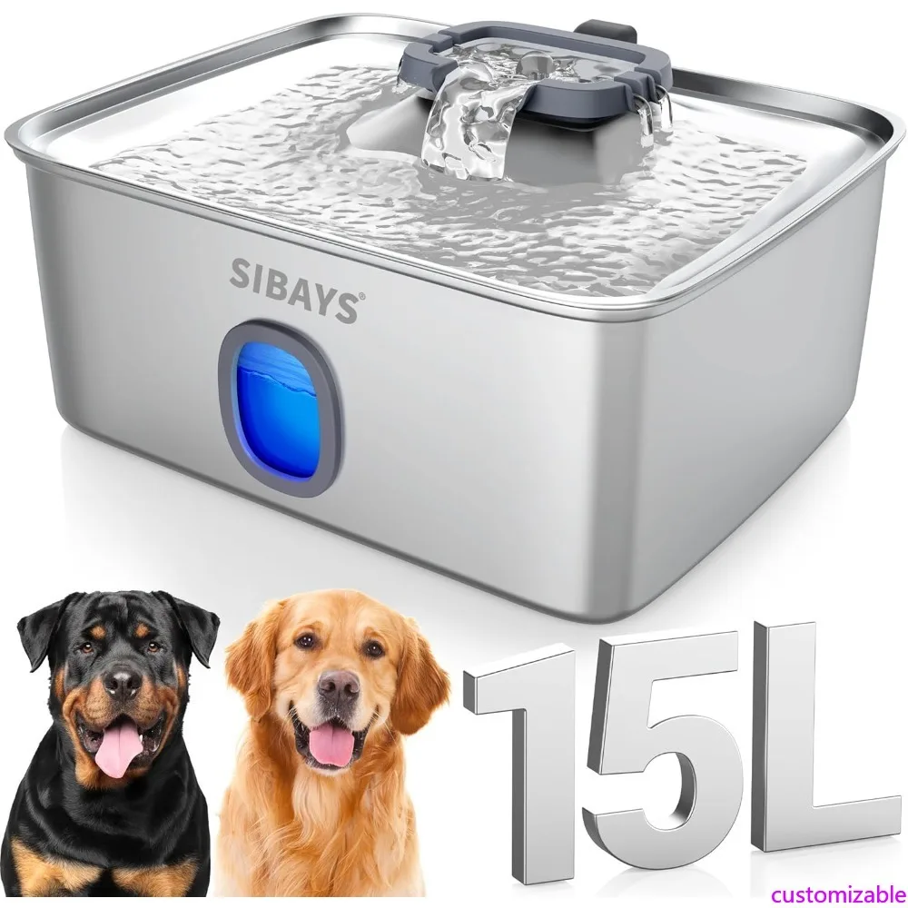 

Customizable 4Gal/15L Large Dog Water Fountain, Stainless Steel Pet Fountain with Water Window & LED Light, Ultra Quiet Automati