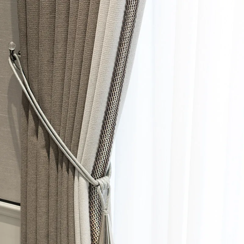 New Cotton Linen Coffee Beige Stitching Thickened Blackout Curtains for Living Room Bedroom French Window Villa Customization