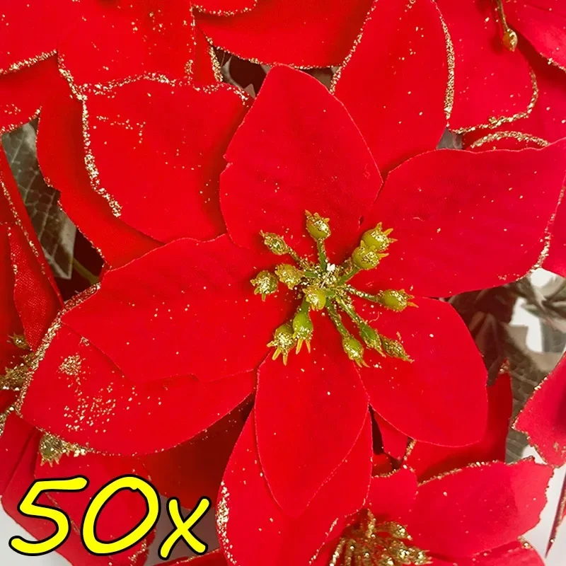 10/50pcs Artificial Christmas Flowers Multicolor Red Glittering Fake Flower for Xmas Tree Ornaments New Year Party Home Decors