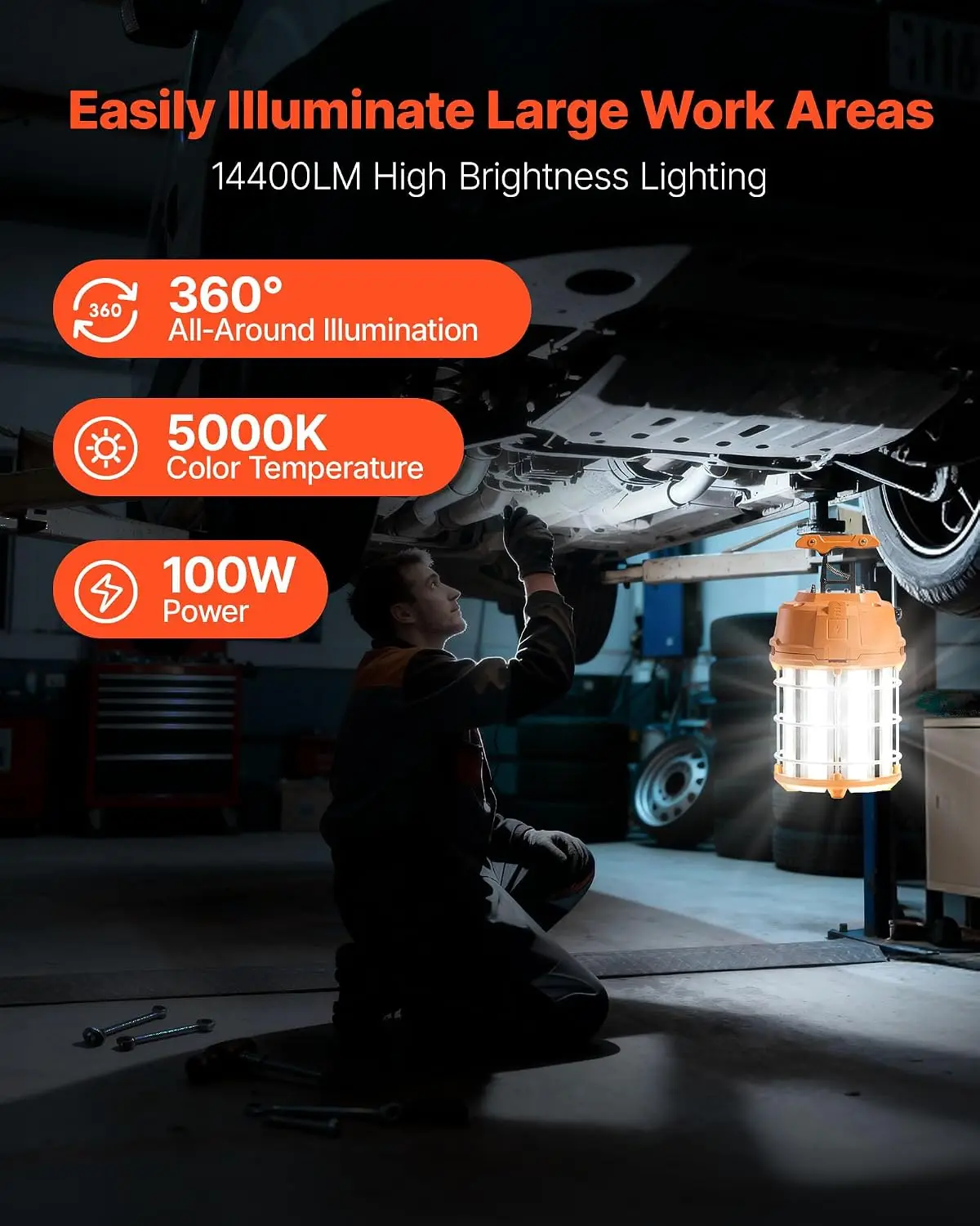 LED Temporary Work Light, 100W, 14400 lm, 5000K Durable & Water-Resistant, Linkable up to 8 Units, Ceiling or Stand Job Site Ill