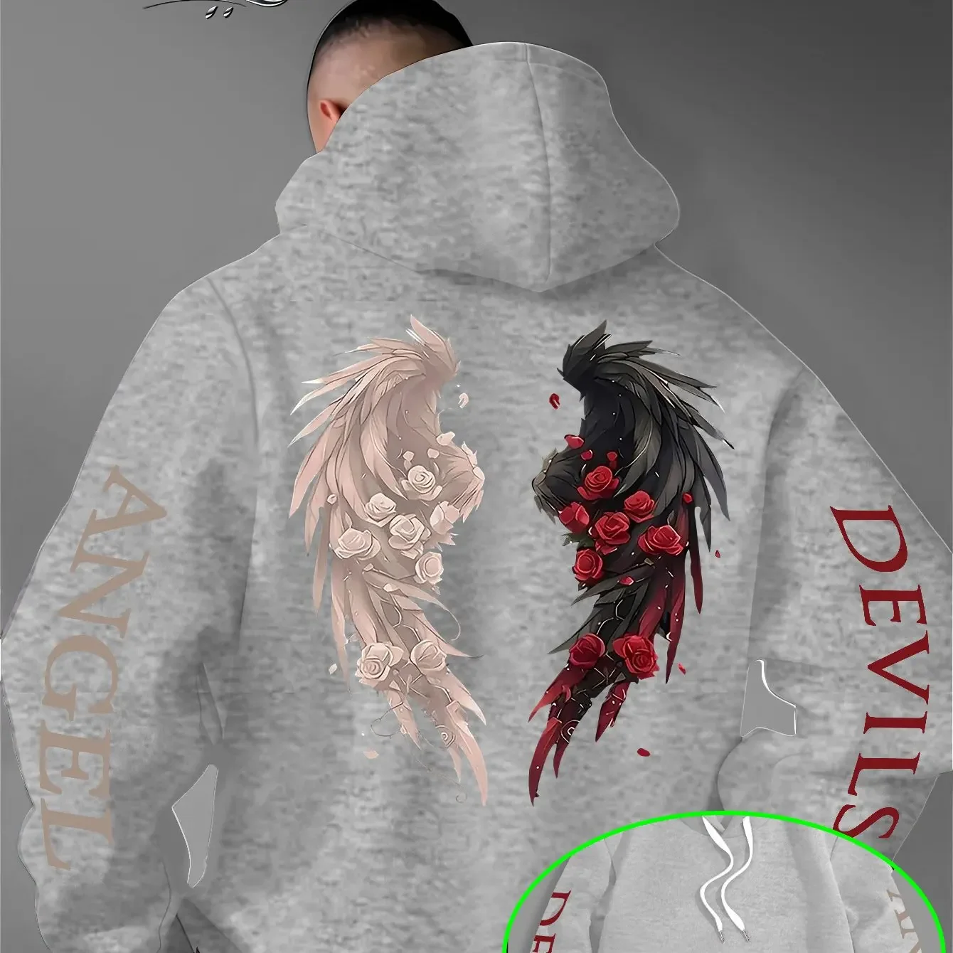 Men's Gothic Hoodie Angel Devil Wings Red Rose Graphic Back Sleeve Print Oversized Pullover Sweatshirt Dark Streetwear
