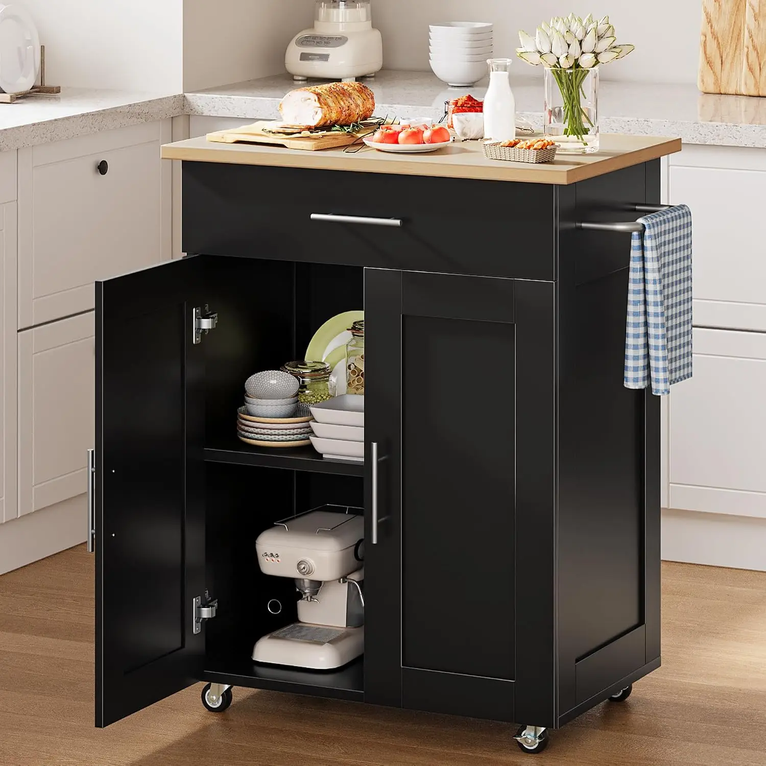 Mobile Kitchen Island on Wheels with Large Divided Drawer, 3-Tier Adjustable Shelf, Cabinet & Towel Rack, Rubberwood Countertop