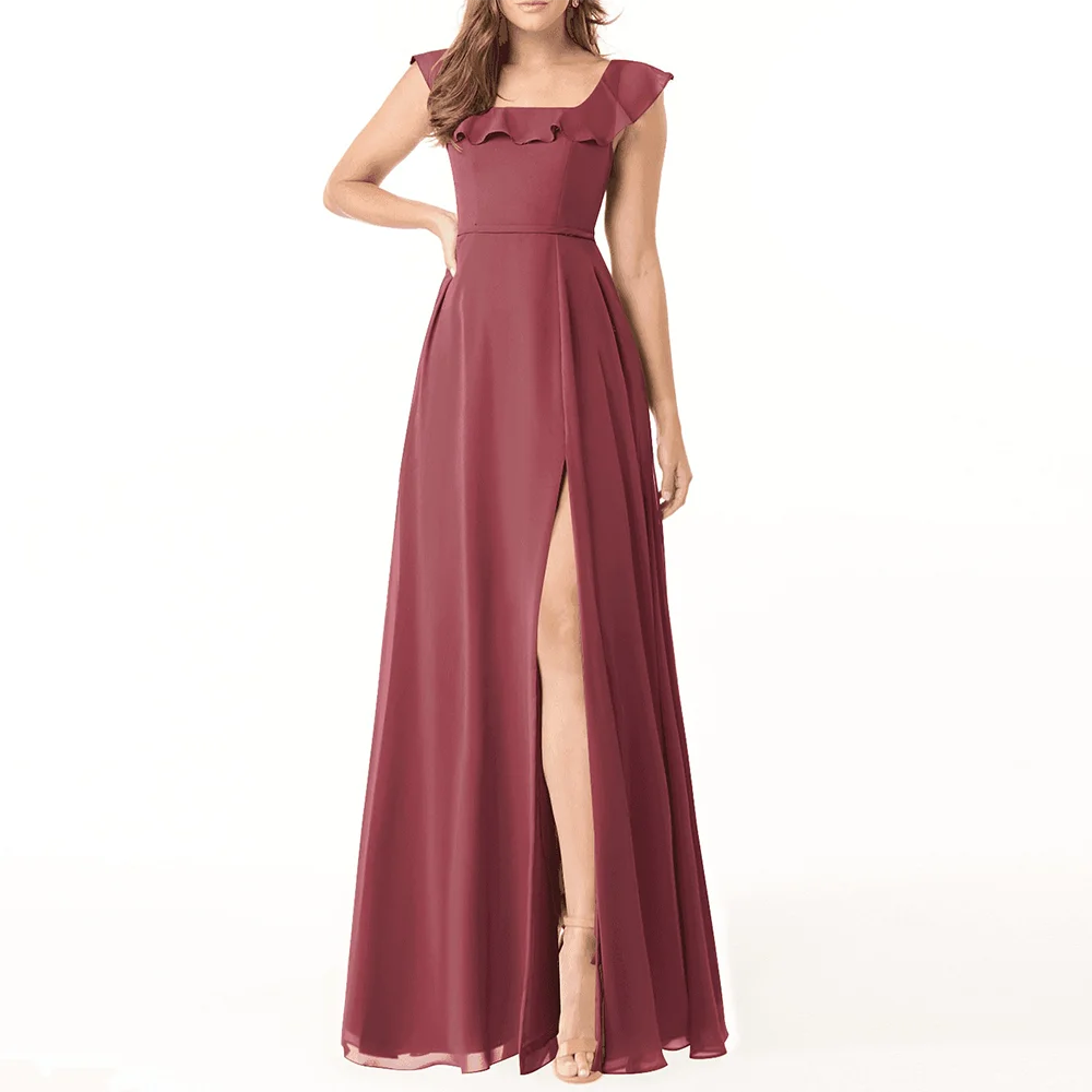 

Classic Square Collar Evening Dress Simple Chiffon Belt Party Dresses Customized Modern A-Line Celebrity Gowns with Front Slit
