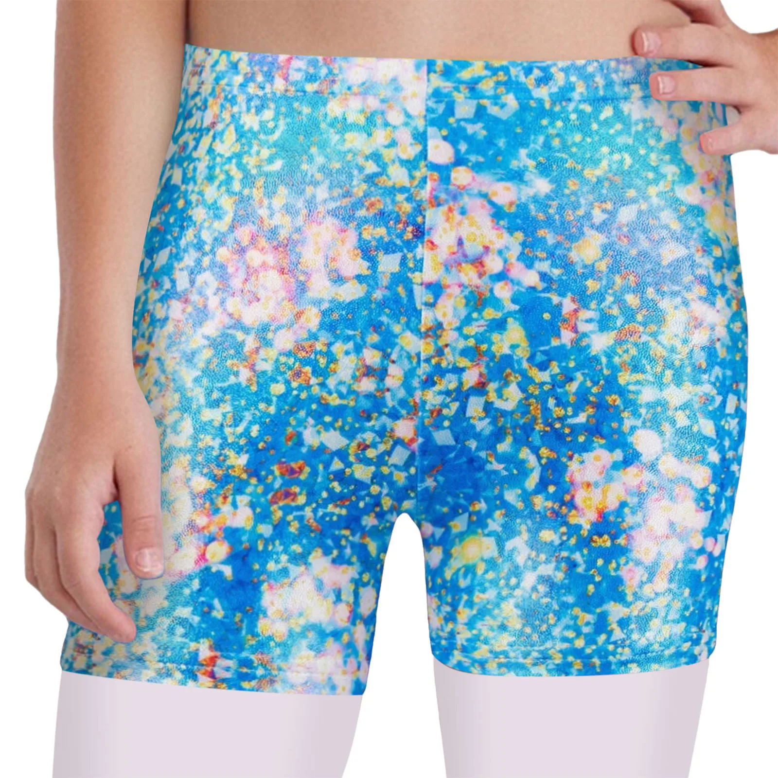 3 pezzi pantaloncini da ballo per ragazze pattinaggio di figura ginnastica danza allenamento performance costume elastico in vita pantaloncini stampati metallici
