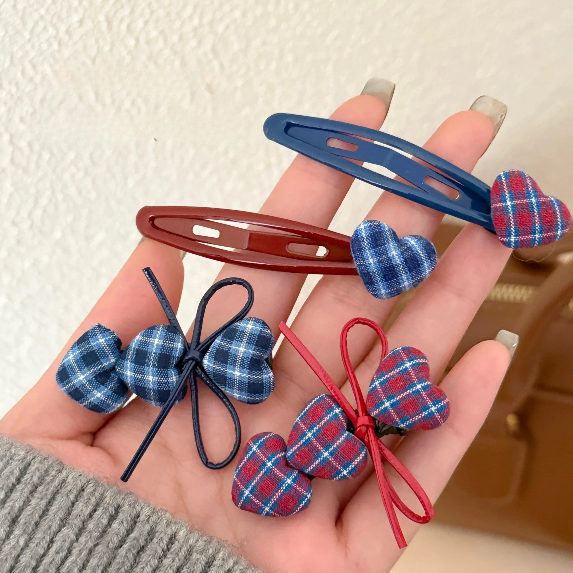 1Pcs Vintage Plaid Herz Haar Zubehör Set Nette Bogen Dekor Frauen Mädchen Täglich Casual Party Haar Dekoration Mode Haar clips – Detail 5