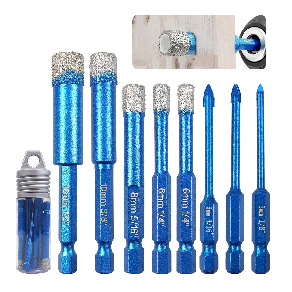 

8Pc Diamond Brazed Dry Drilling Bit Porcelain Cup Saw Ceramic Marble Granite Tile 6-12mm Hex shankand three triangular drills