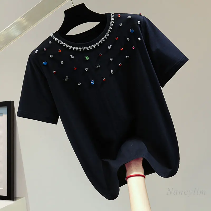 Color Diamond Round Neck Short Sleeve T-shirt for Women 2023 Summer Korean Style Loose Pure Color Cotton Tshirt Straight Top