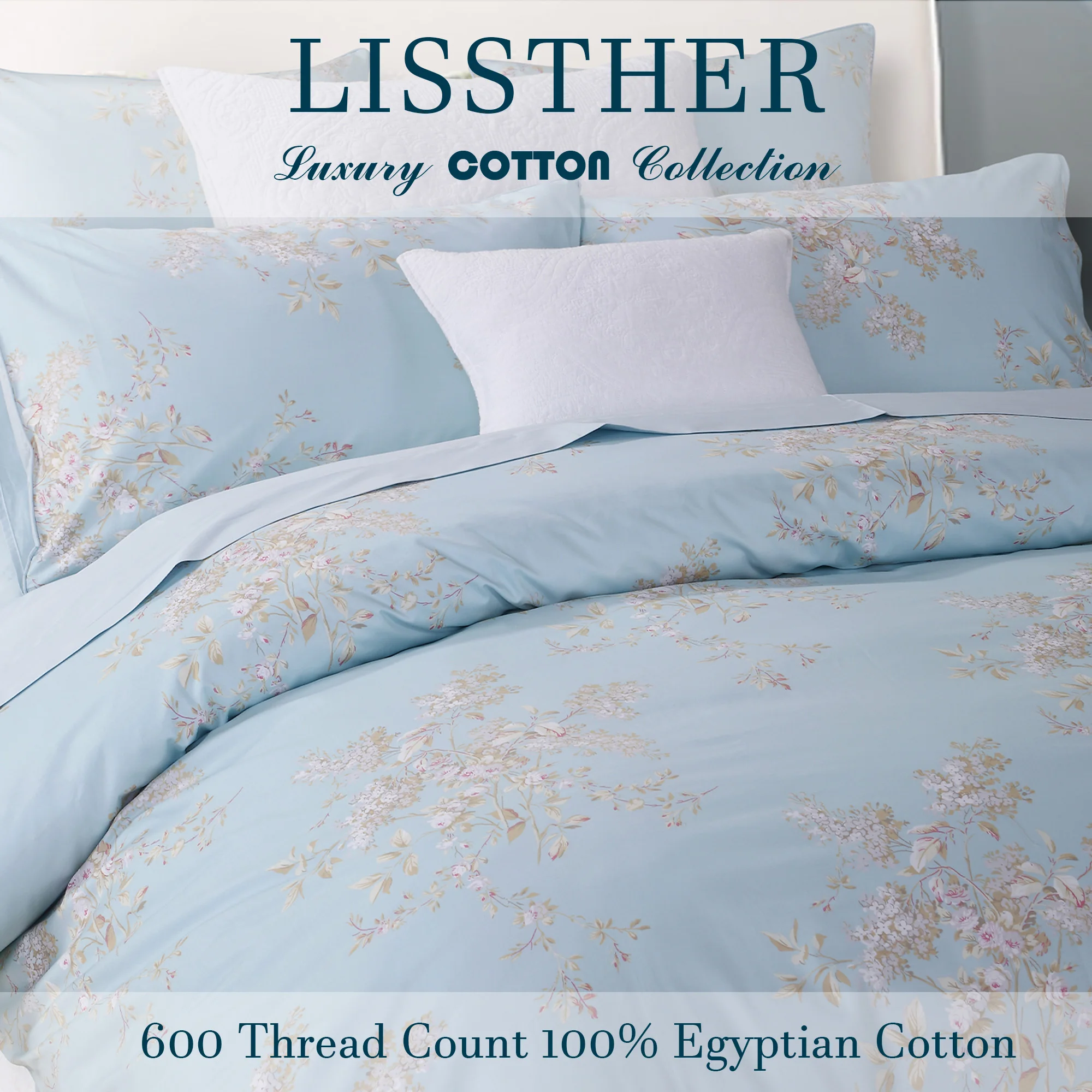 3pcs 600 TC 100% Egyptian Cotton Duvet Cover Set (Without Core), Vintage Tassel Blower in Blue, Soft Breathable & Skin-friendly