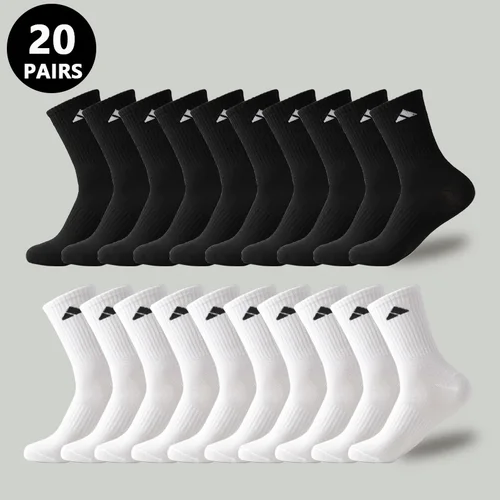 Imagen 1 del producto 20 pares de calcetines deportivos Unisex sólidos de cintura alta para hombre negro blanco transpirable media pantorrilla Casual para todas las estaciones Simple versátil