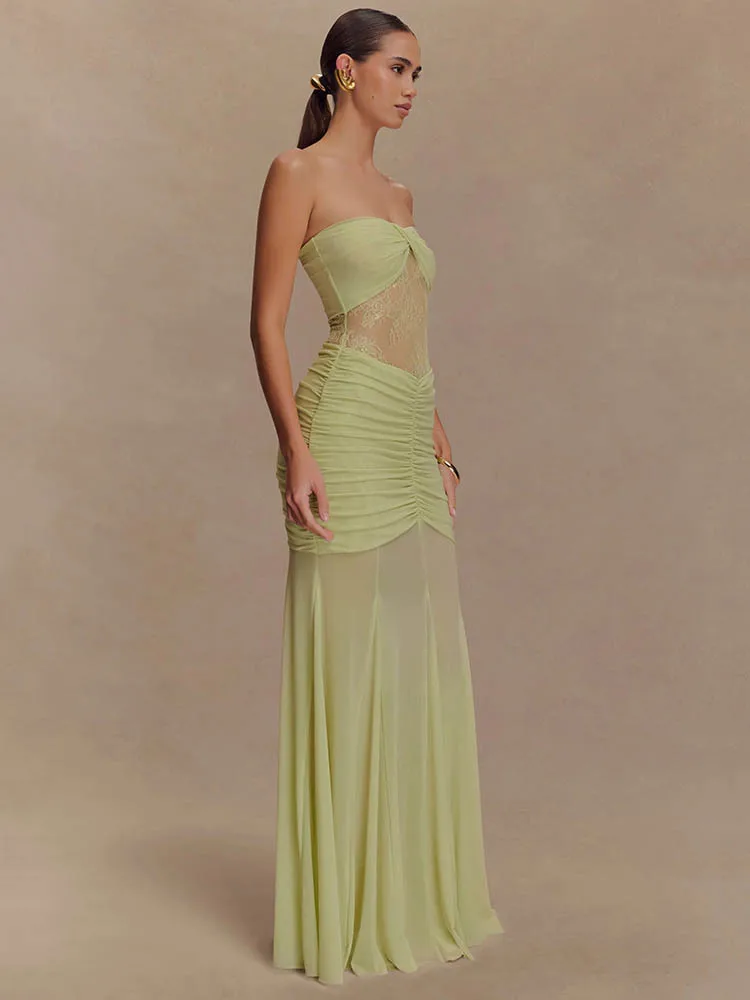 Articat elegante senza spalline in pizzo patchwork doppio strato stretto abito lungo donna sexy backless sheer party club aderente abiti2025