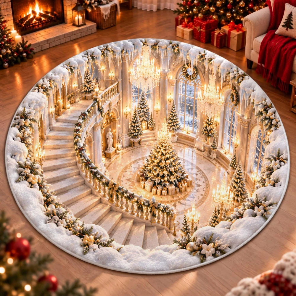 Entryway Christmas Castle Circle Rug Ice Crystal Palace Round Rug Elegant Living Room Bedroom Luxury Home Floor Mat