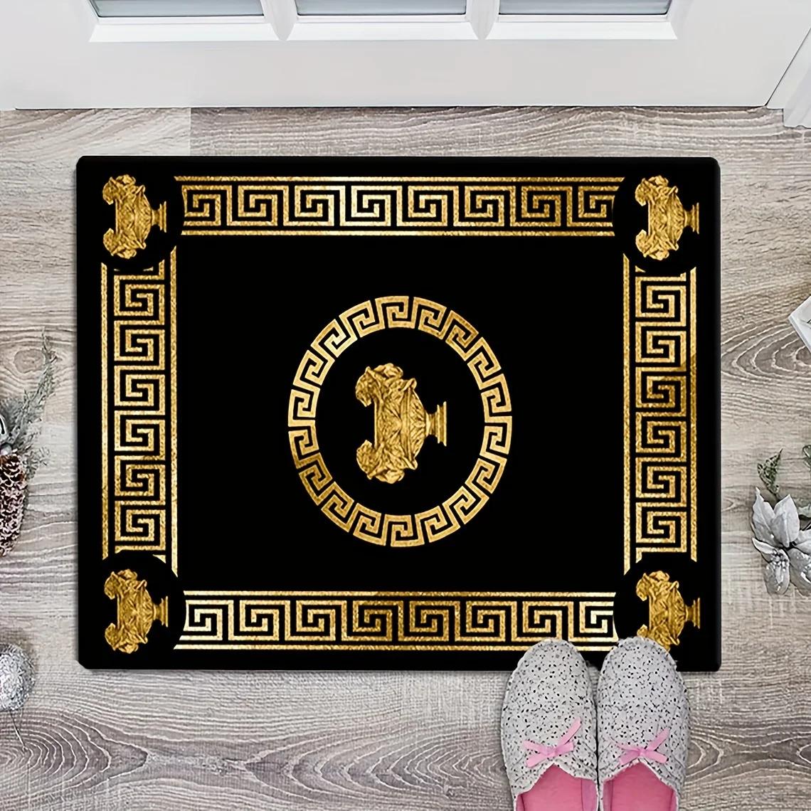 Ethnic Style Floor Mat, Black with Golden Accents,Soft Touch & Non-Slip,Washable Rectangle Rug for Entryway, Bedroom,Living Room