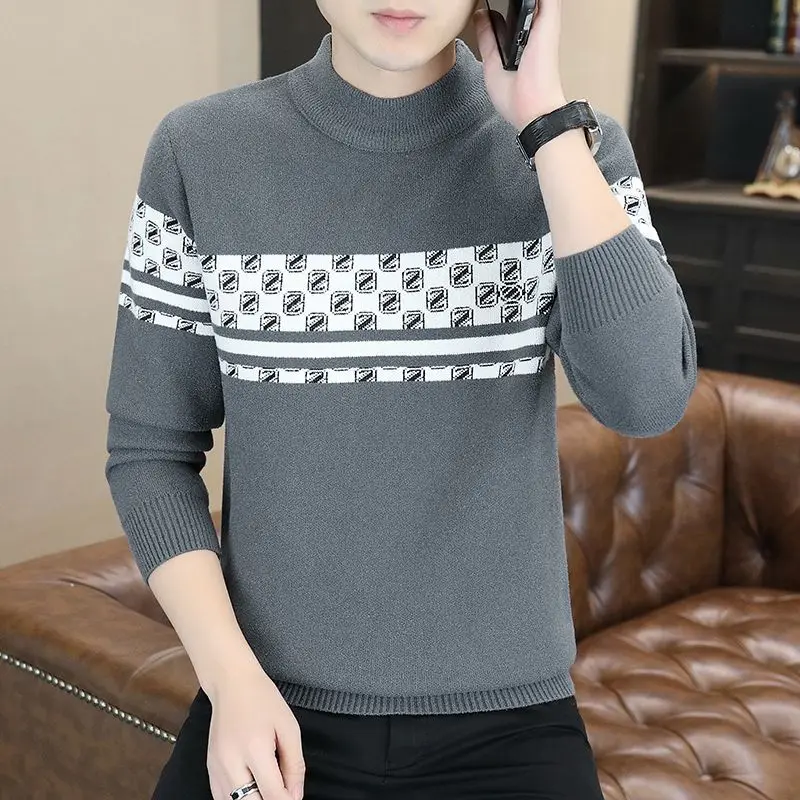 Business Casual Spring and Autumn New Style Spliced Half High Collar Print Fashion Slim Fit Versatile Long Sleeve Knitted Top