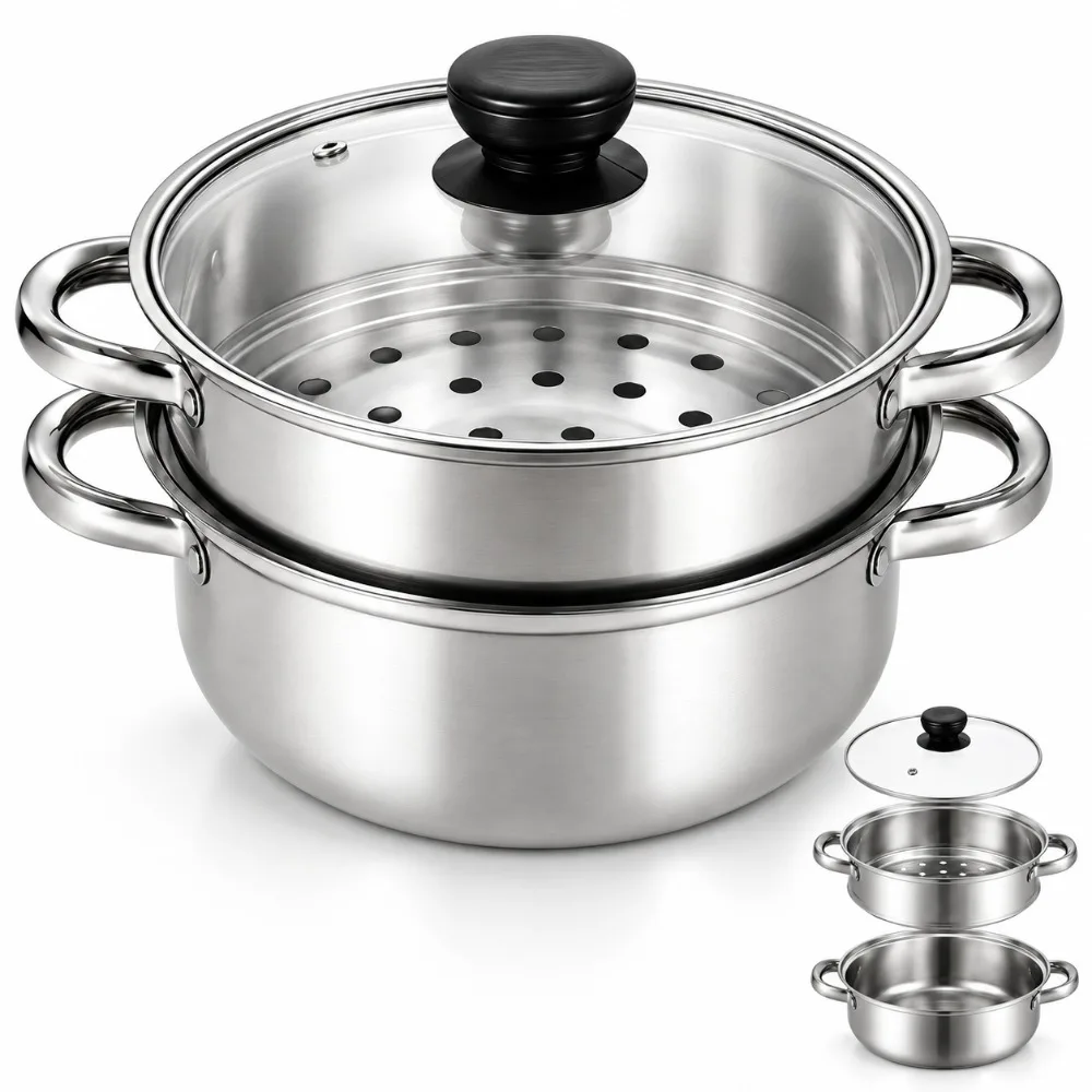 3-teiliges Edelstahl-Dampfgarer-Set mit schwarzem Knopf, Glasdeckel, Induktions-Hotpot, robustes Gemüsekochgeschirr, Kochutensilien-Set Plus – Detail 9