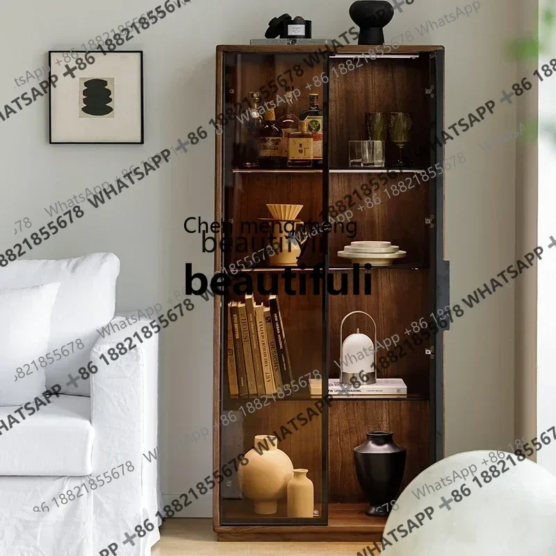 

X Q Black walnut glass display solid wood living room bookcase TV floor stainless steel