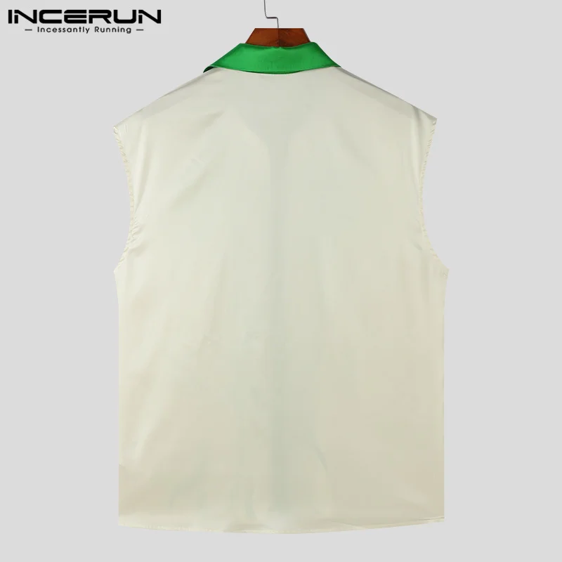 INCERUN Men\'s Shirt Lapel Sleeveless Button Printing Patchwork Casual Men Clothing Streetwear 2024 Summer Fashion Shirts S-5XL