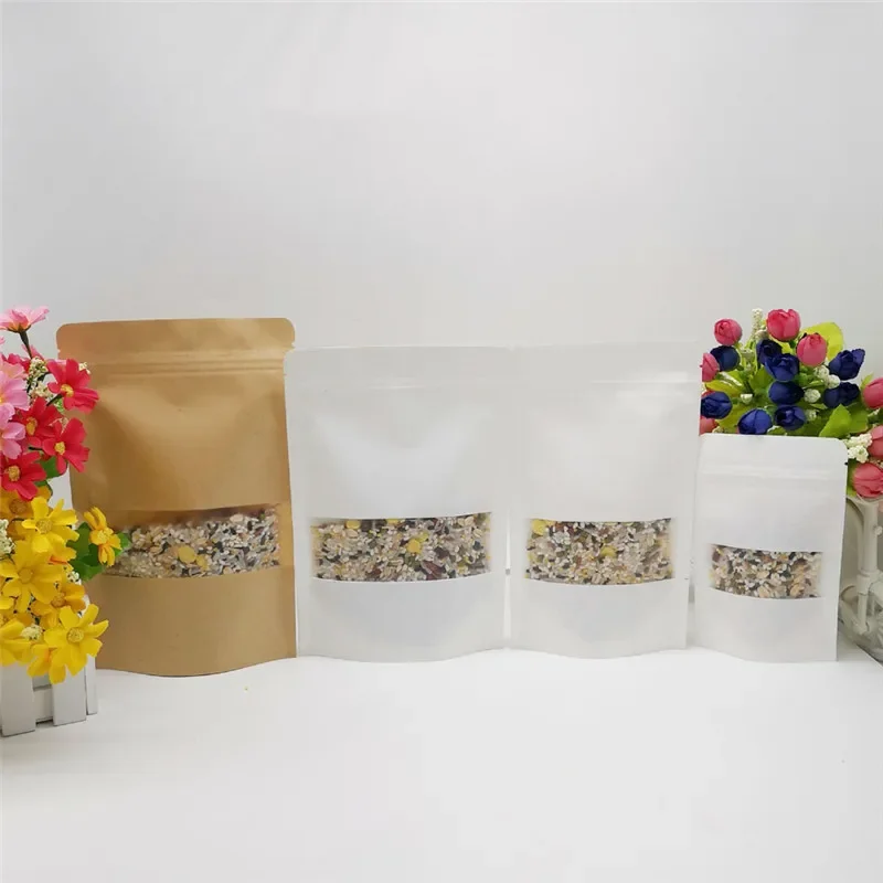 50/100 Window Standing White/Kraft Paper Bag Kraft Packaging Bags For Business Clothes Storage Handmade Gift Bag Paper Craft Box