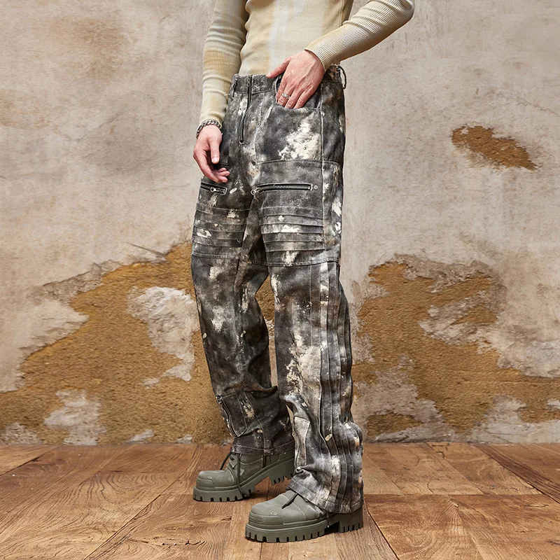 American High Street Camouflage Print Design Wide Leg Jeans Men's Loose Straight Drooping Personality Motorcycle Trousers