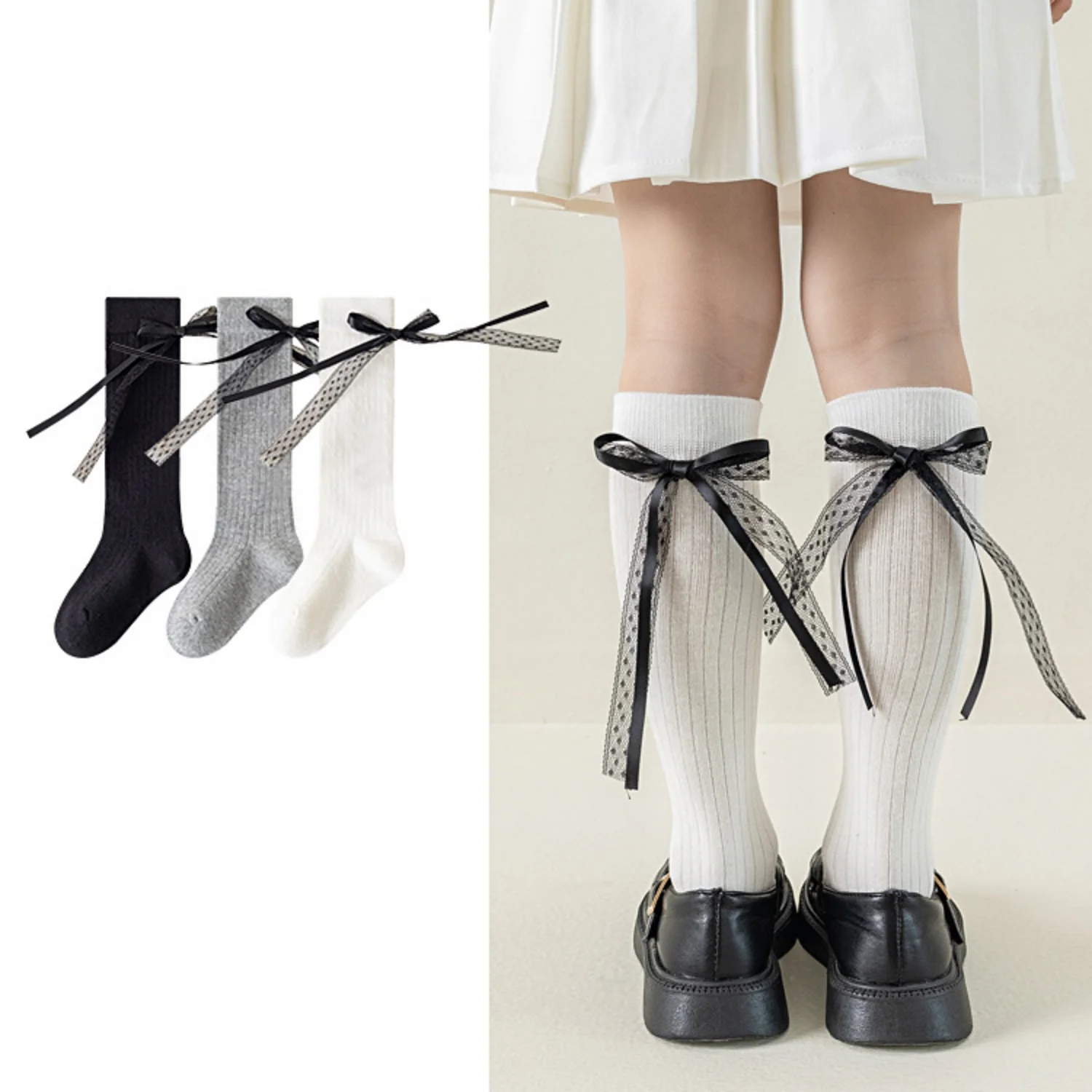 3pcs Kids Knee High Socks Baby Girls Bowknot Flat Long Sock Soft Cotton Solid Children Princess All Seasons Socken For 3-12Years