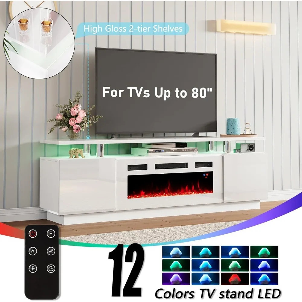 Tischs ets von 3, inklusive 70 "2-stufigem Kamin-TV-Ständer, Couch tisch mit Glas regalen, LED-Leuchten Media Entertain ment Center