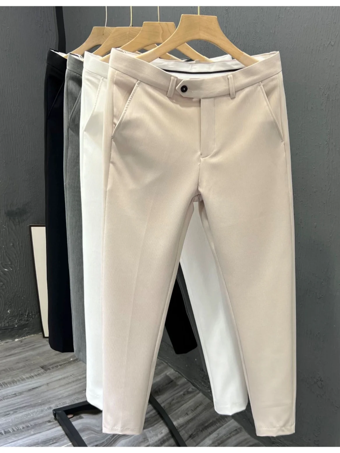 스타일리시한 단색 콘 9 남성 캐주얼 브리티시 여름 바지 다림질 필요 없는 슬림핏 캐주얼 바지 비즈니스 신사 스타일