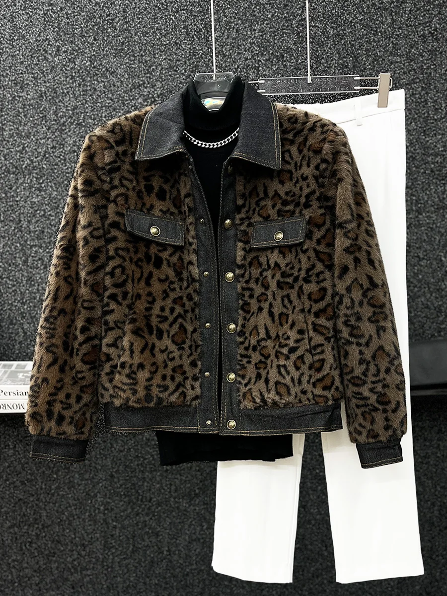 High-end Imitation Mink Hair Small Fragrant Coats Men's 2024 Winter Cotton Retro Denim Splicing Leopard Print Plush Thick Jacket