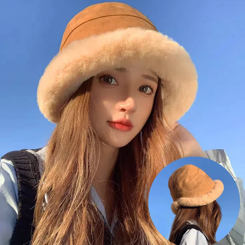 2024 Y2k Fluffy Faux Fur Bucket Hats Women Rabbit Fur Warm Thick Plush Winter Hat Lady Fashion Luxury Panama Furry Fisherman Cap