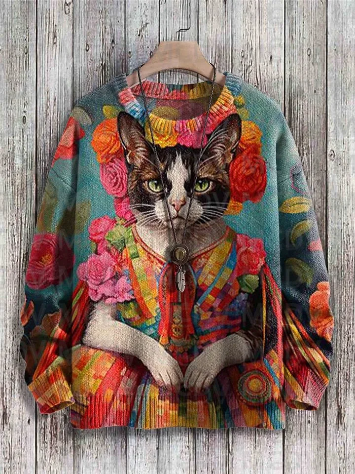 

Frida Cat Art Pattern Print Casual Knit Pullover Sweatshirt Men's For Women's Pullover