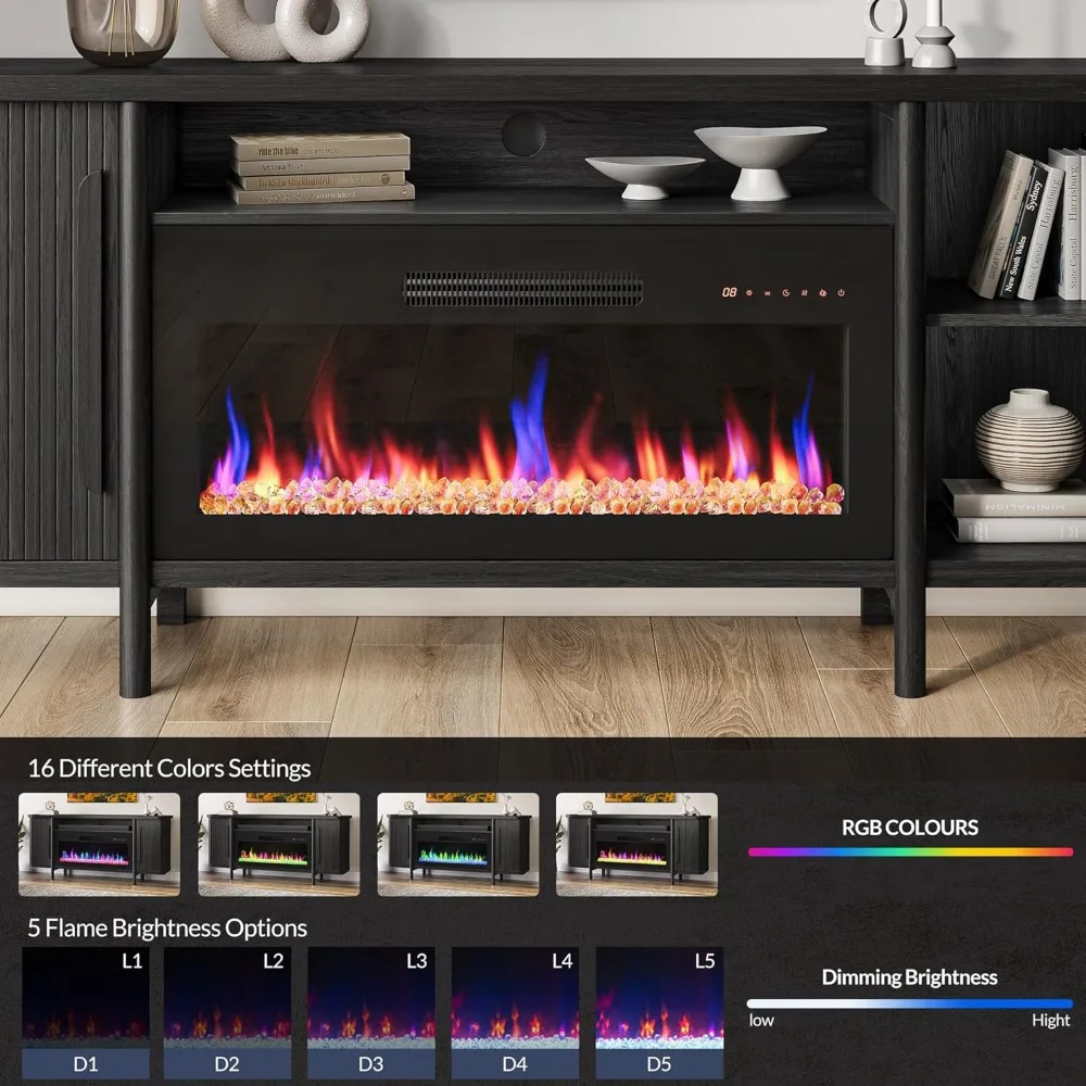 حامل تلفزيون 66 بوصة مع مدفأة كهربائية مقاس 36 بوصة، وطاولة وحدة تحكم خشبية لأجهزة التلفاز حتى 75 بوصة، ومركز ترفيهي مع خزانة تخزين