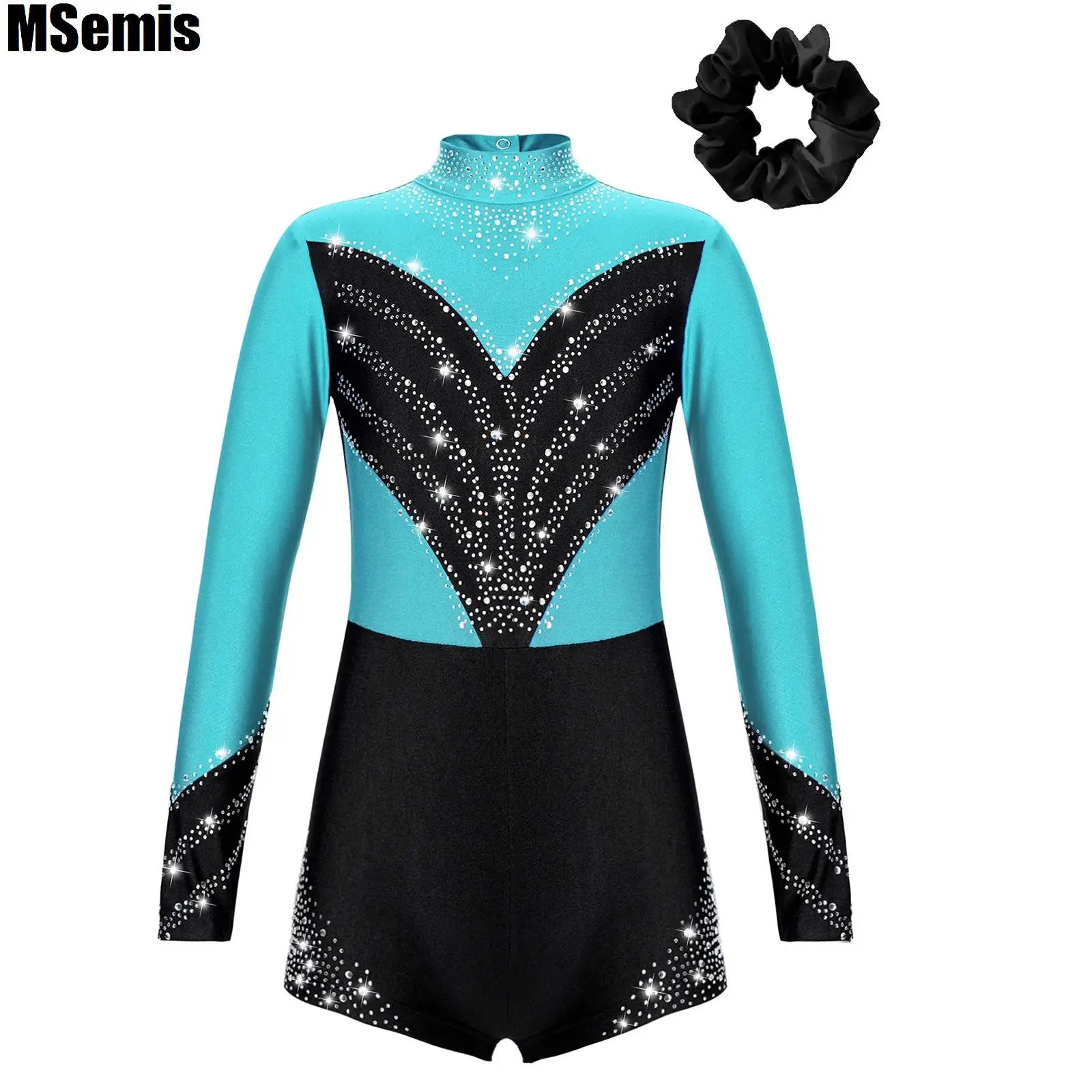 Kids Girls Gymnastics Dance Set Shiny Rhinestones Adorned Cutout Back Jumpsuit with Headwear for Performance Competition