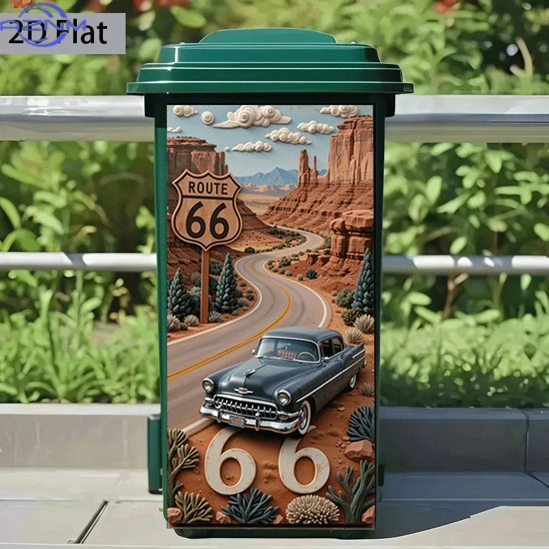 of Trash Can Sticker,  Route 66 Themed Design, Self-Adhesive Wall Decoration Wallpaper, Suitable for Decorating Kitchen Trash