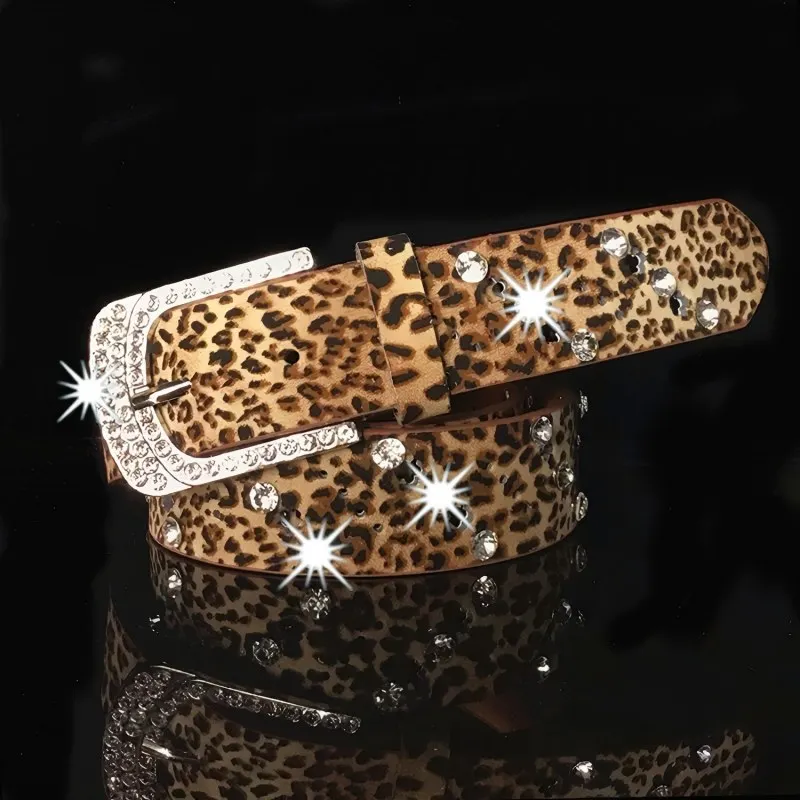 YK2 Leather Button Closure Women's Waist Belt with Fashion Leopard Print and Rhinestone Trim. Width: 3.3cm. Length: 110cm.