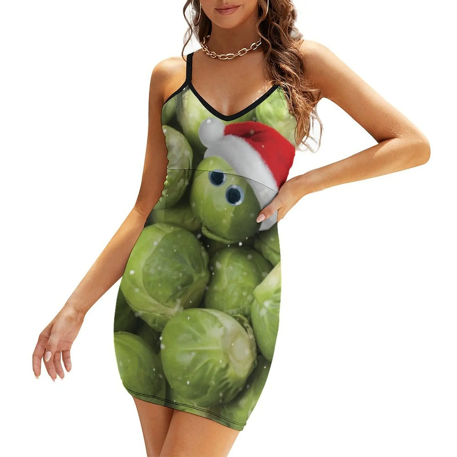 

Christmas Sprout With Santa Hat Print Sling Dress Bridesmaid dress woman sexy dress Women's evening