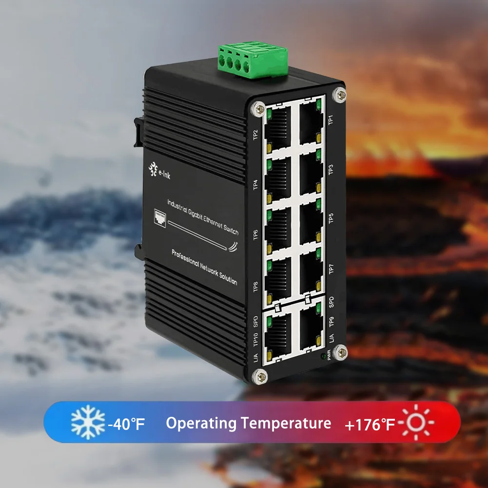 Mini Industrial 10 Ports Gigabit Ethernet Switch, IEEE 802.3af/at PoE Network Switch Din Rail Mount, 48~57V DC Unmanage Switch