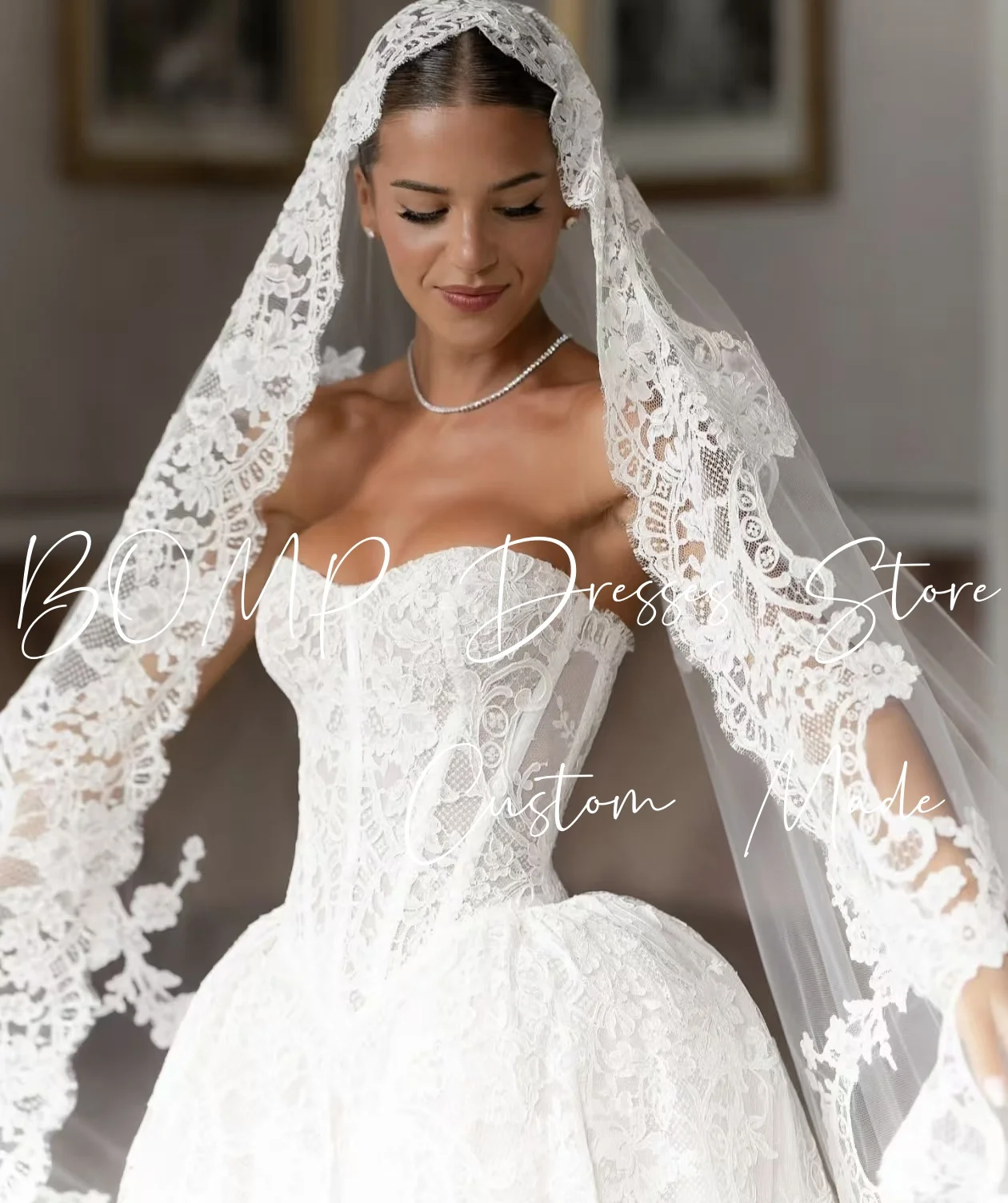 BOMP Princess White Lace Wedding Dress Strapless Corset A-Line Royal Train Bridal Gown Customized Luxury Vestido de novia