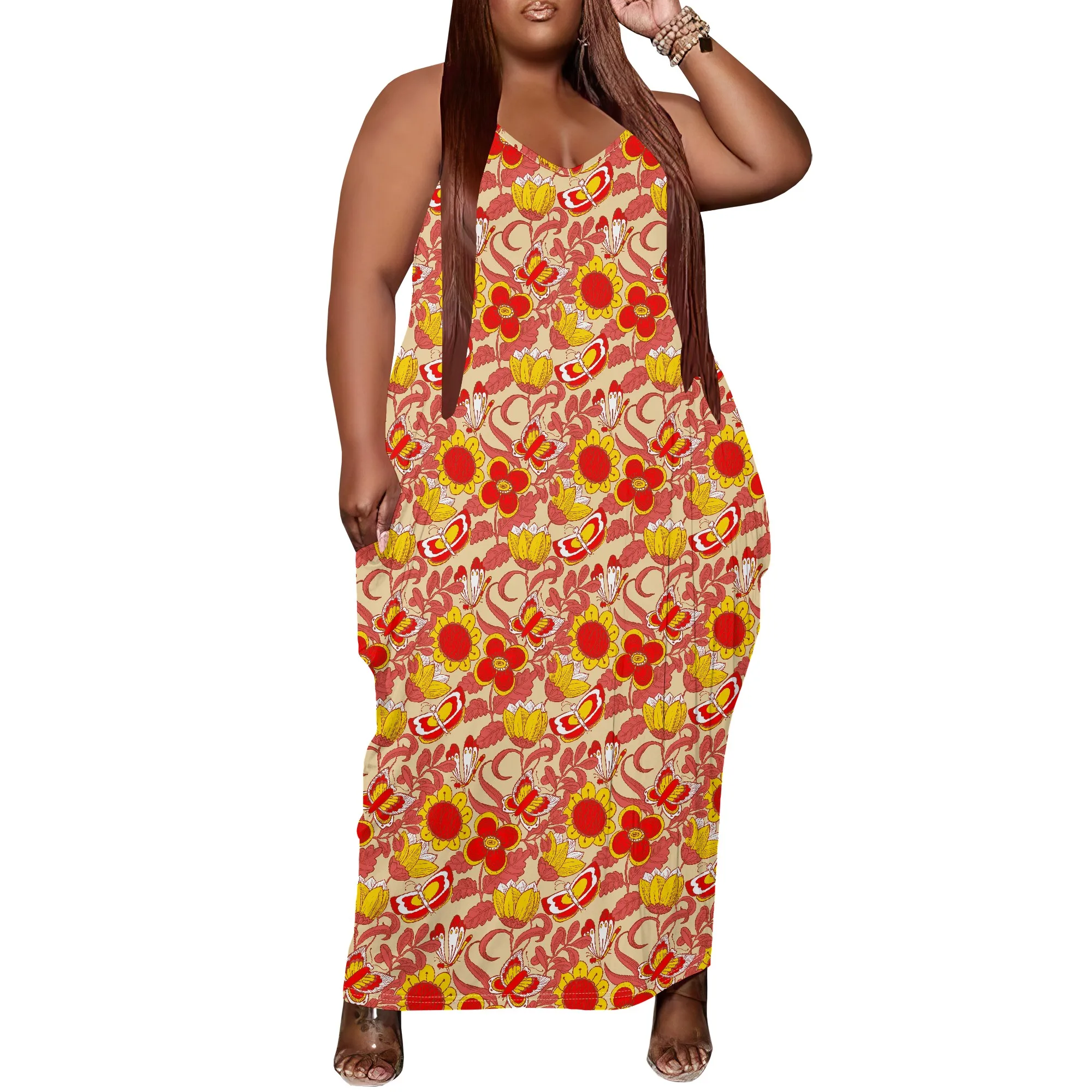 

Women Plus Size Dress Loose Slip Long Dress with Pocket Breathable Boho Butterfly Print XL-6XL​