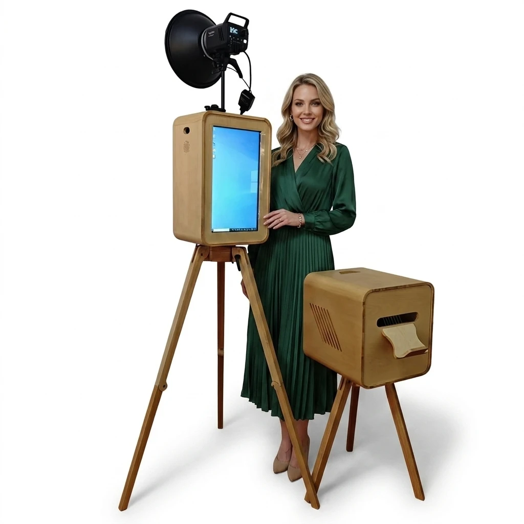 A vintage wooden photo booth equipped with a dual touchscreen computer, iPad, and DSLR camera, perfect for wedding parties.