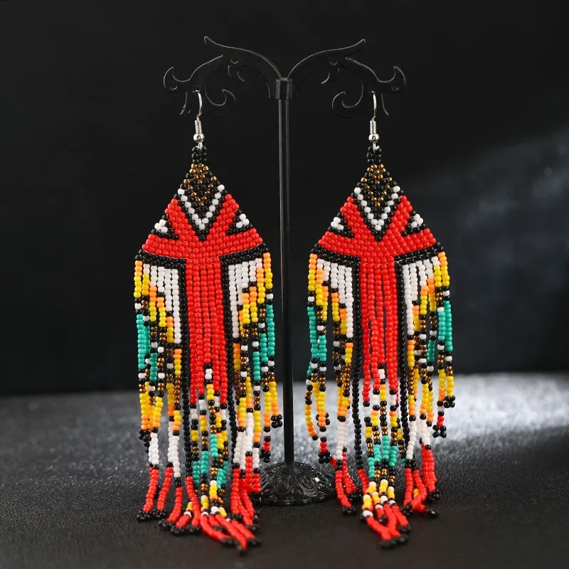 Fringe Earrings  Hand knitting  Beading  Bohemia  Meter character  Retro  alloy  personality  ma'am  Rice Bead Earrings