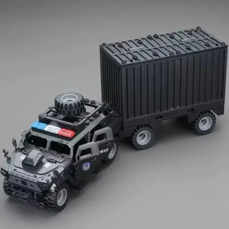 Special forces military figures, Hummers, jeeps and ghost swat soldiers assemble explosion-proof police building blocks and toys