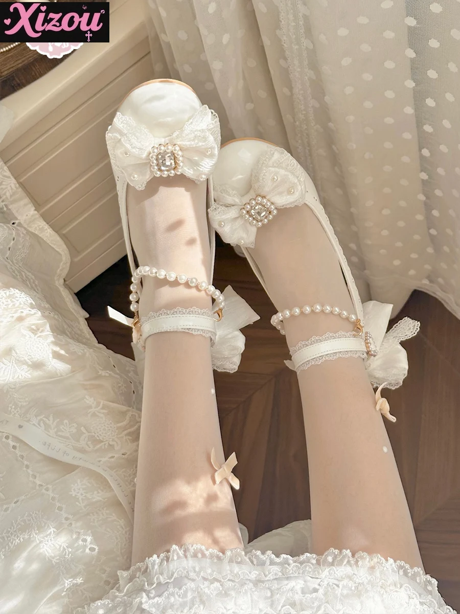 Kawaii giapponese dolce carino tacco alto scarpa singola morbida ragazza Lolita fiocco strass tacco basso medio perla Mary Jane scarpe da donna