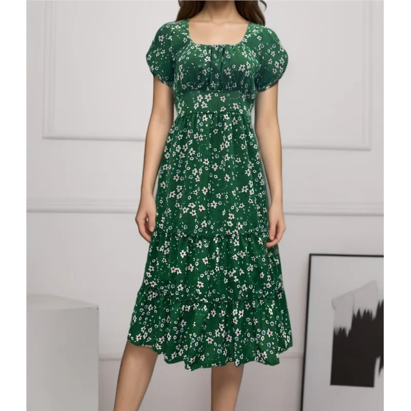 Women Office Summer Flower Dress 2024 New Fashion Square Neck Bubble Sleeve Fragmented Flower Splice Holiday Dress floral dress