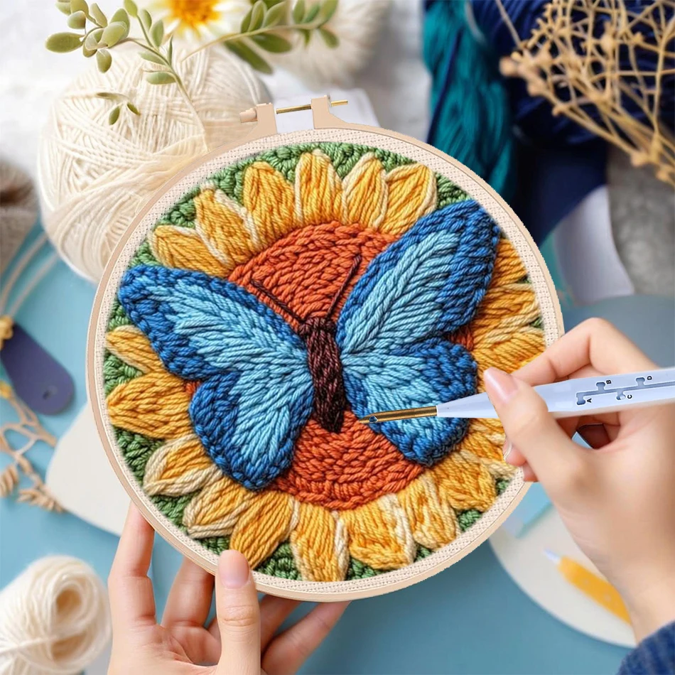 

DIY Punch Needle Kits for Beginners Cute Cartoon Lion Butterfly with Hoop Embroidery Punch Needle Starter Craft Set Diy Gift