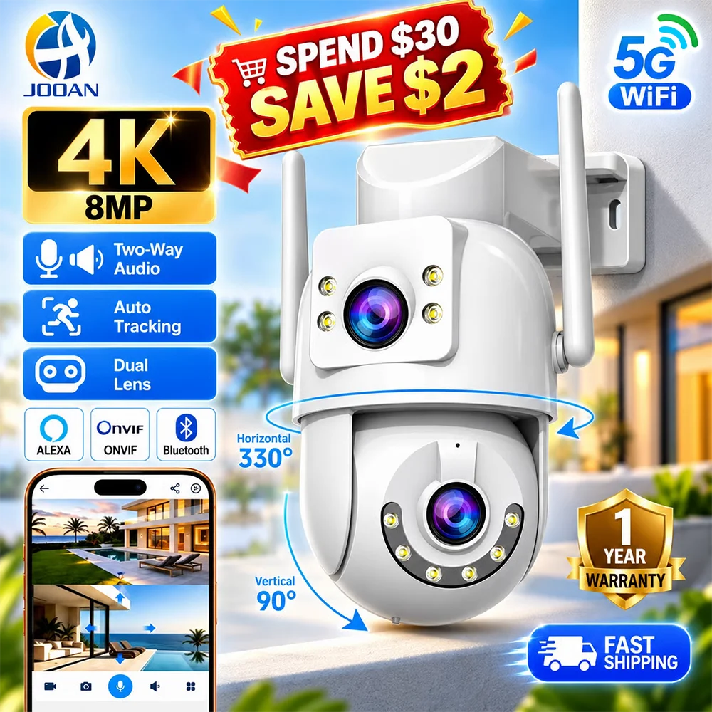 Jooan 4k 8mp hd wifi câmera ptz ao ar livre 5g wifi lente dupla câmeras ip de segurança 5x zoom ai rastreamento onvif cctv câmera de vigilância