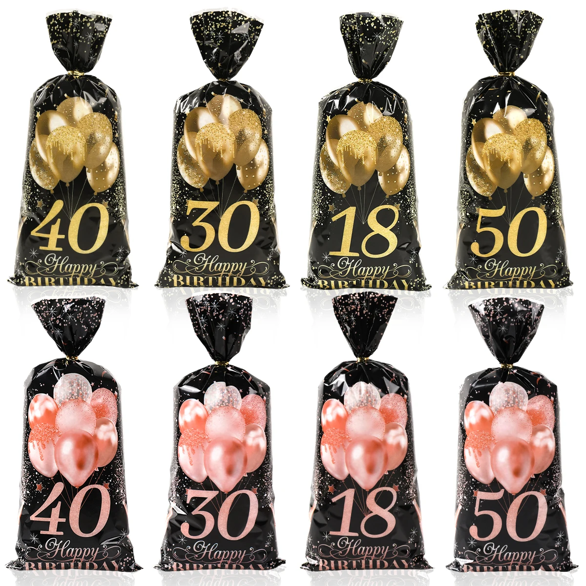 25/50/100pcs Black Gold Rose Gold Birthday Candy Bags Gift Packaging Bags Happy18th 30th 40th 50th Birthday Party Decor Adult