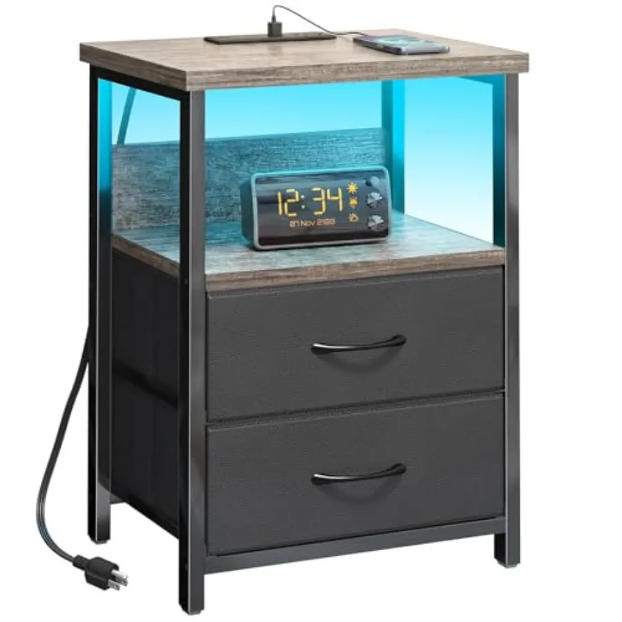 

Night Stand with Charging Station, LED Nightstand with U-S-B Ports and Outlets, 2 Fabric Storage Drawers with PU Finish, Bed Si