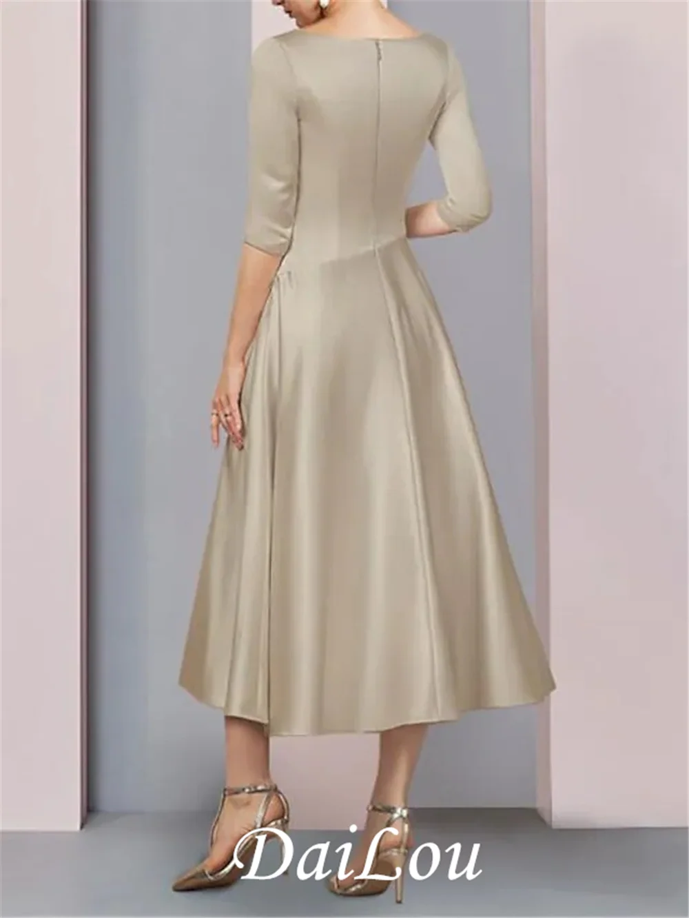 Linha a mãe da noiva vestido plus size elegante vintage v pescoço chá comprimento cetim 3/4 comprimento manga com pregas