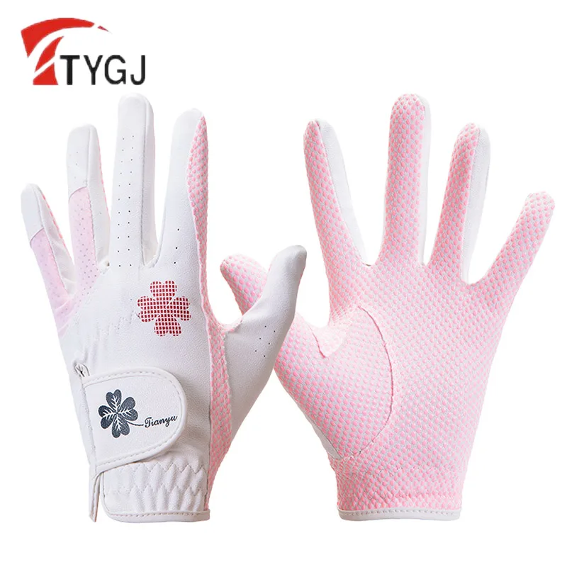 TTYGJ 1 Pair Women Anti-Slip Granules Golf Gloves Ladies Breathable PU Leather Gloves Women Right and Left Hand Golf Mittens